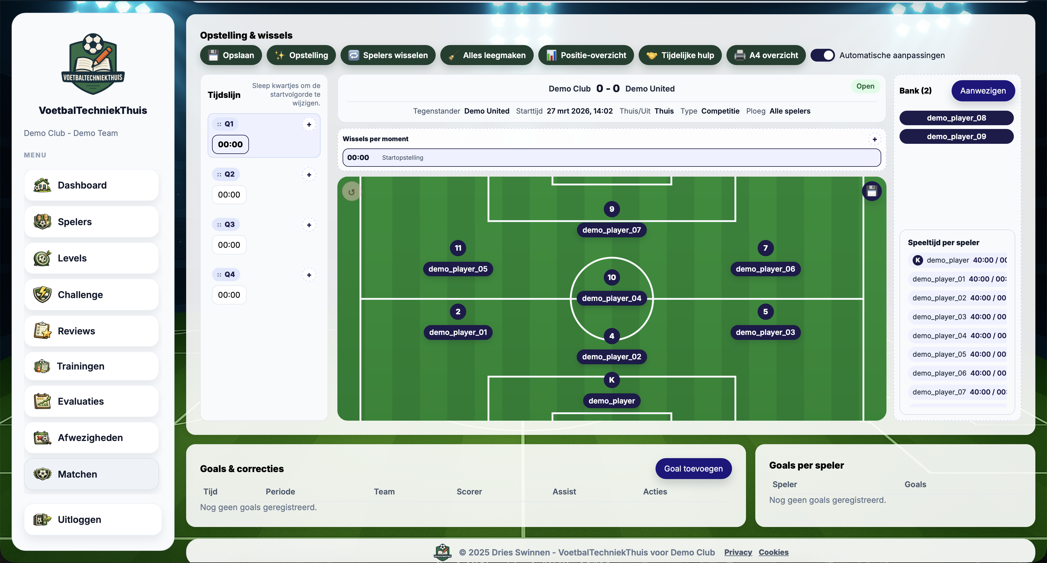 Geanonimiseerde screenshot van opstelling en wissels